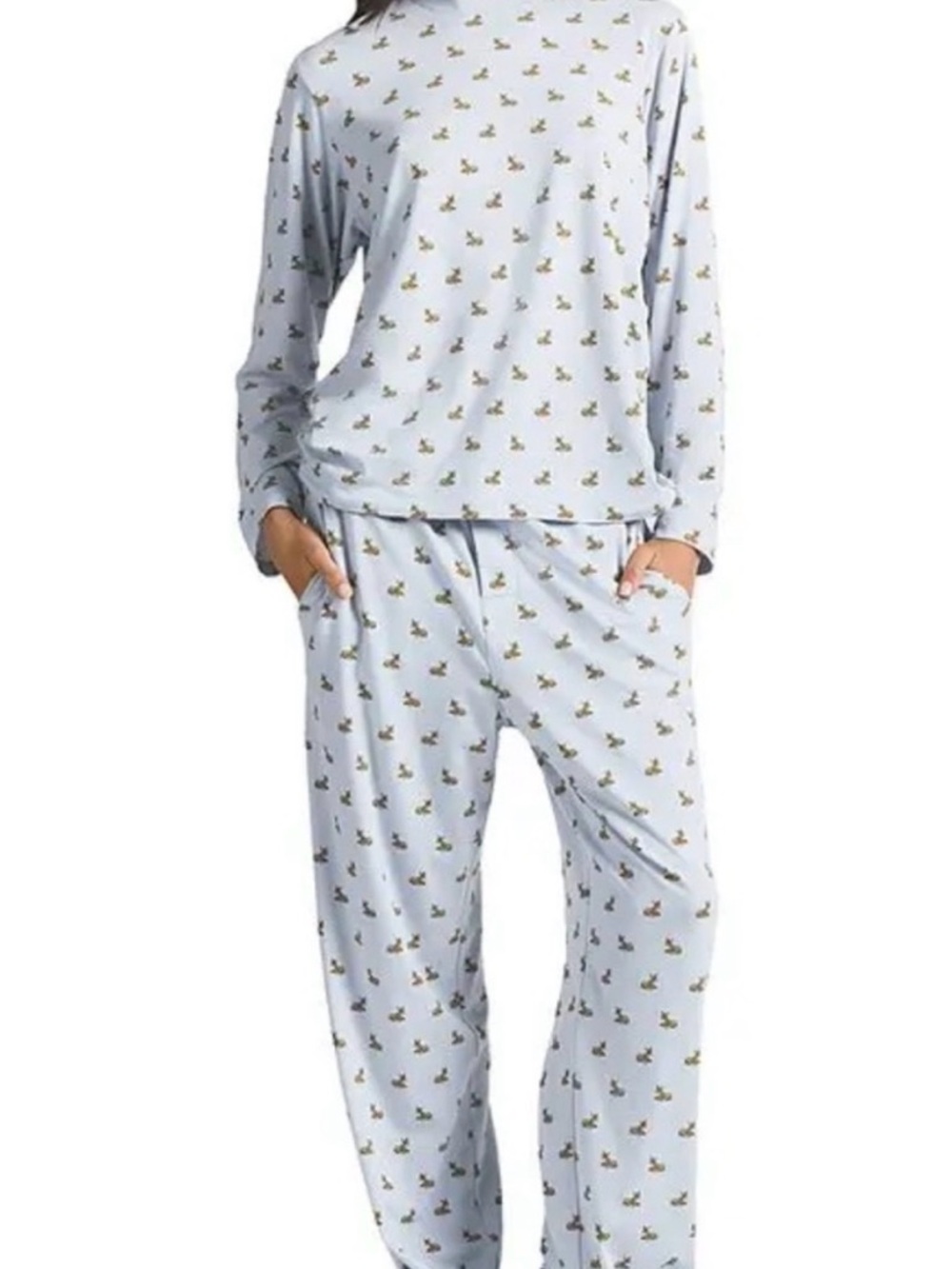 SKIMS Holiday Deer Fawn Long Sleeve & Pants Pajama Set Light Blue S